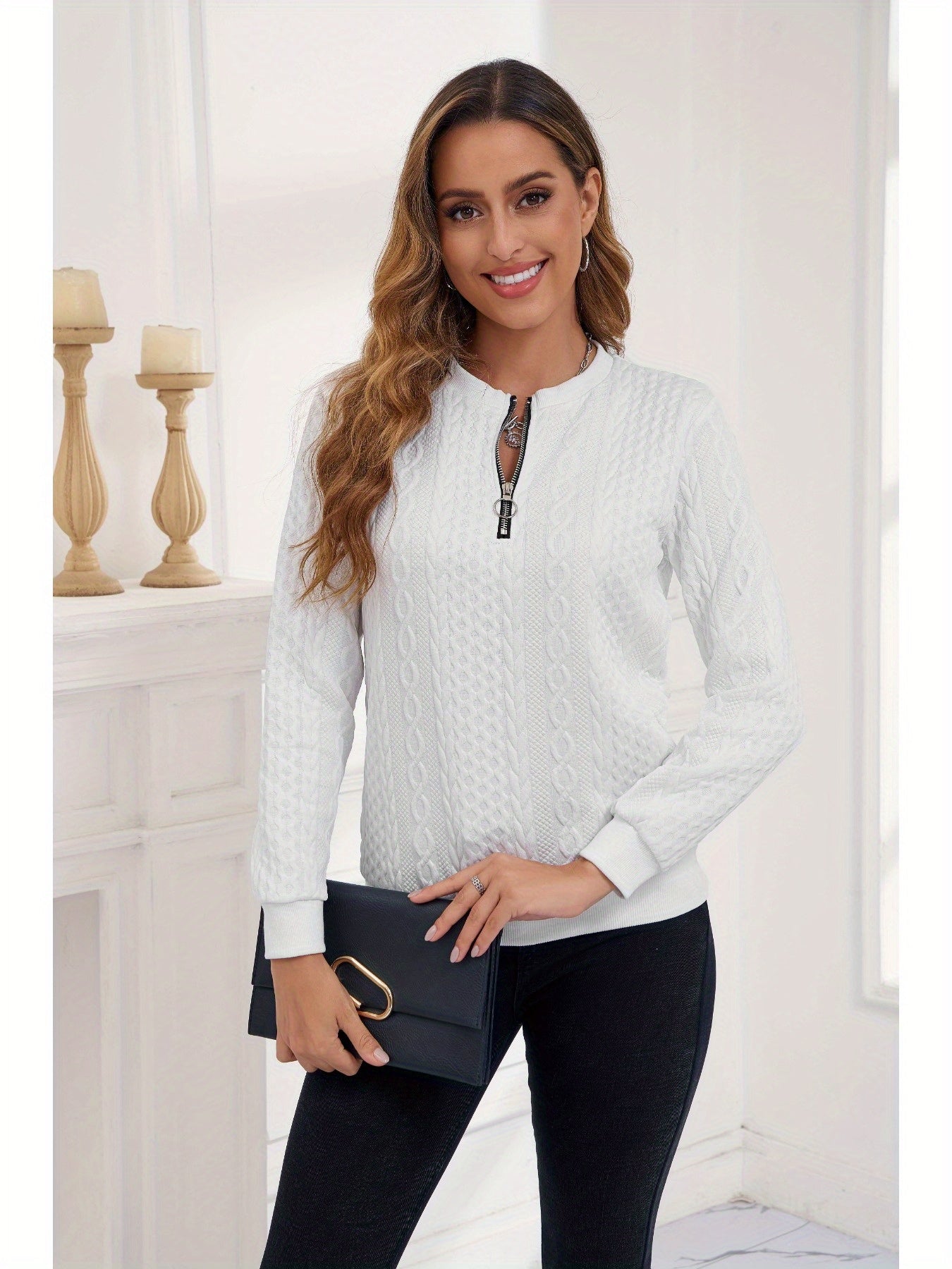 Cable Knit Pullover with Half-Zip Design