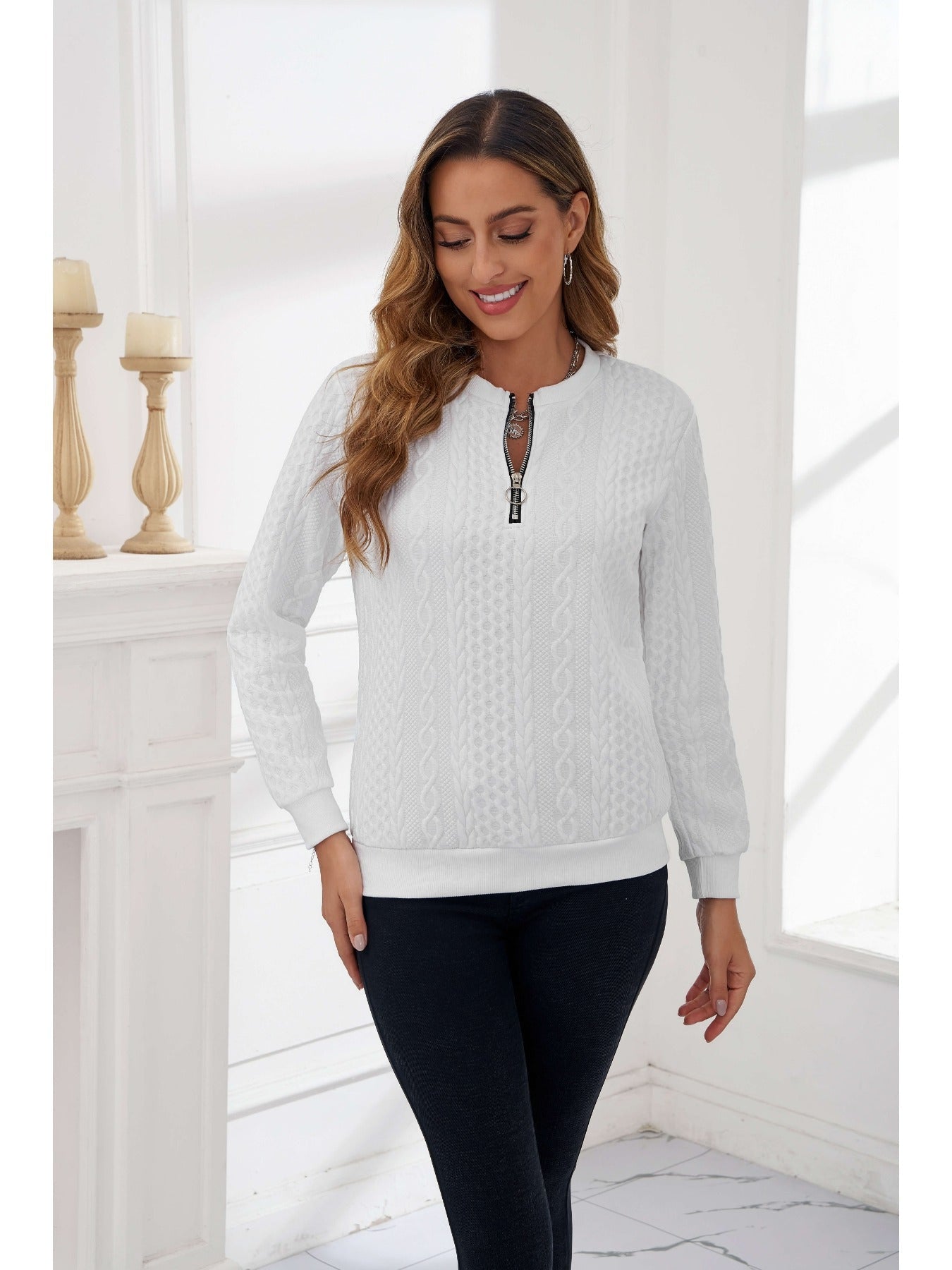 Cable Knit Pullover with Half-Zip Design