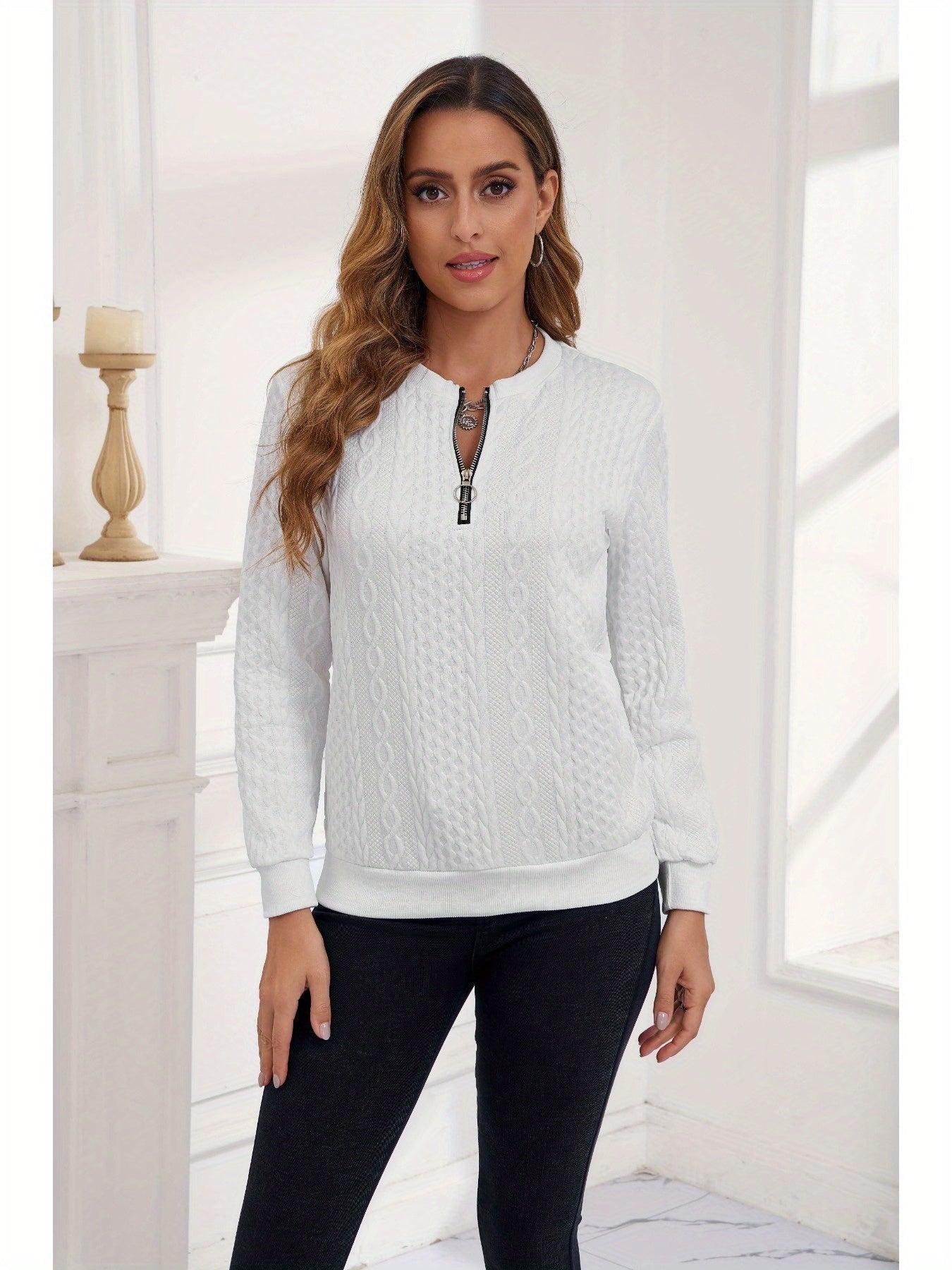 Cable Knit Pullover with Half-Zip Design