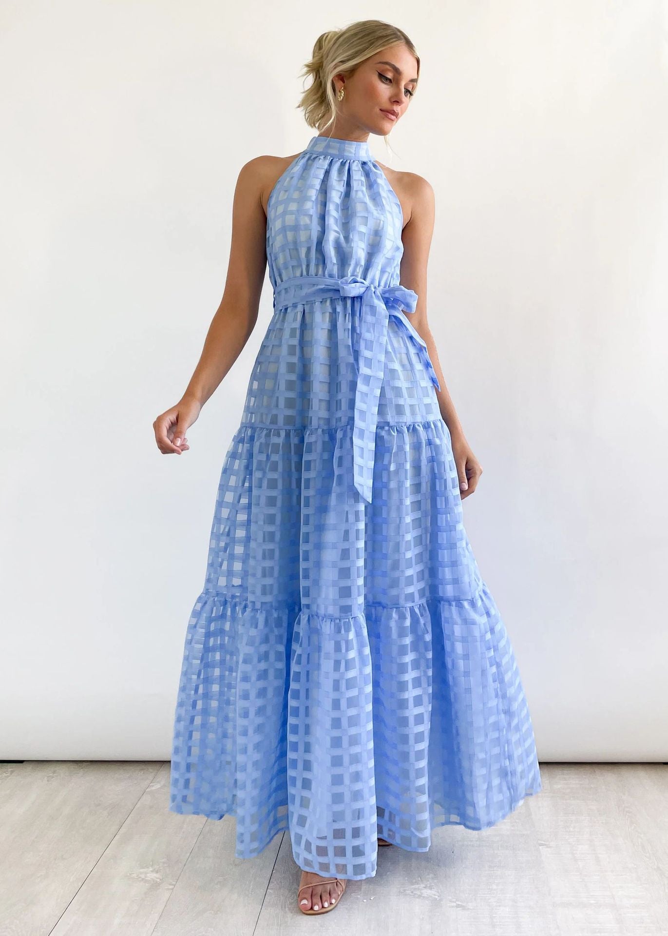 Hot Pink Halter Retro Maxi Summer Dress