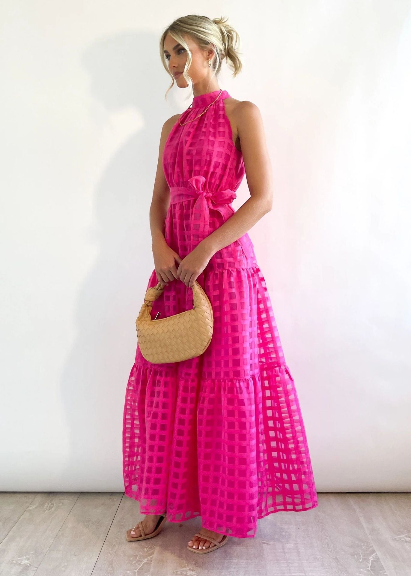 Hot Pink Halter Retro Maxi Summer Dress
