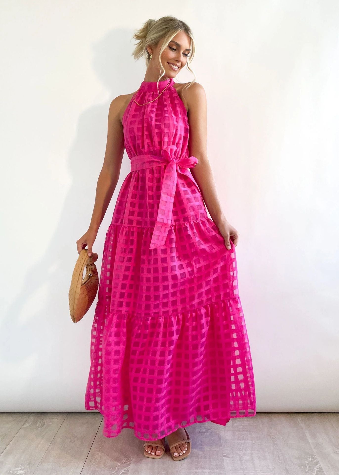 Hot Pink Halter Retro Maxi Summer Dress