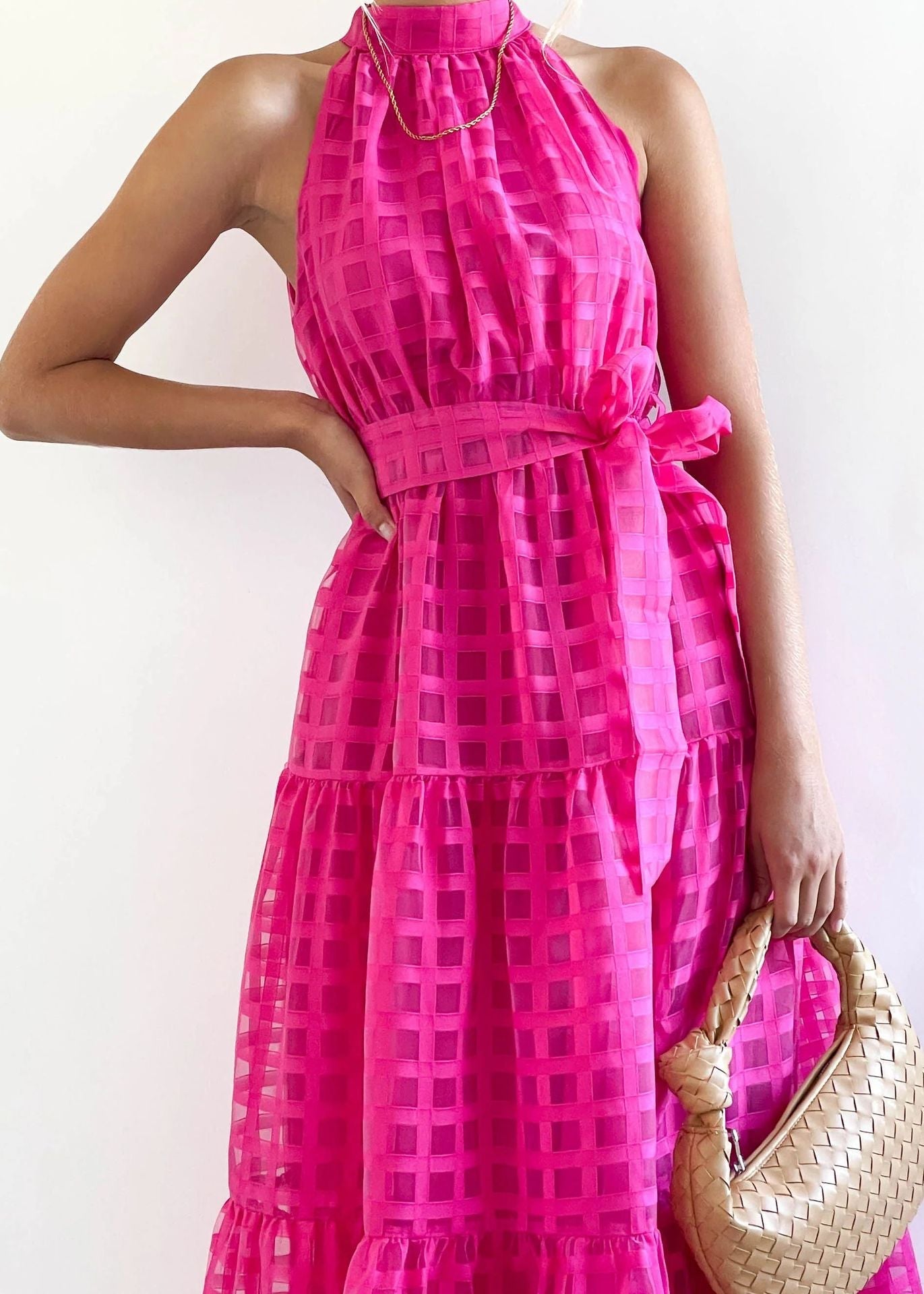 Hot Pink Halter Retro Maxi Summer Dress