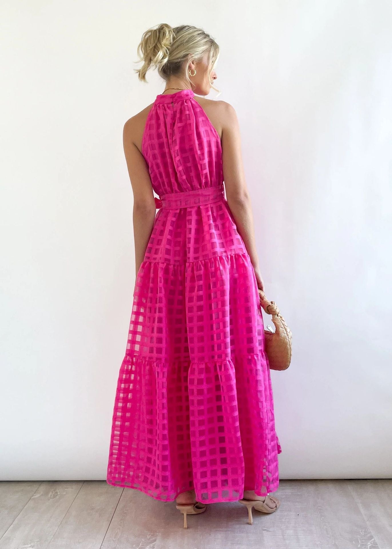 Hot Pink Halter Retro Maxi Summer Dress