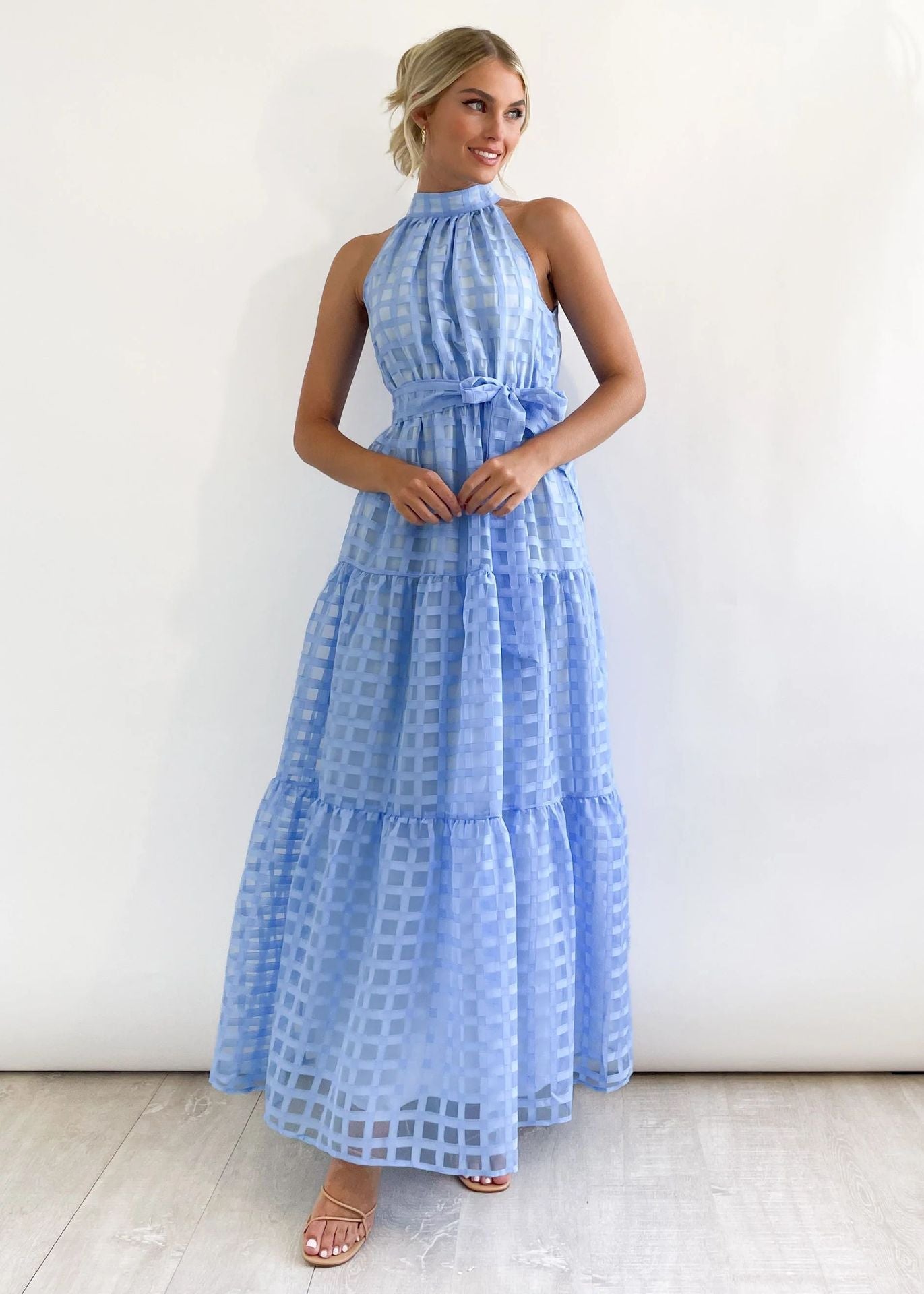 Hot Pink Halter Retro Maxi Summer Dress