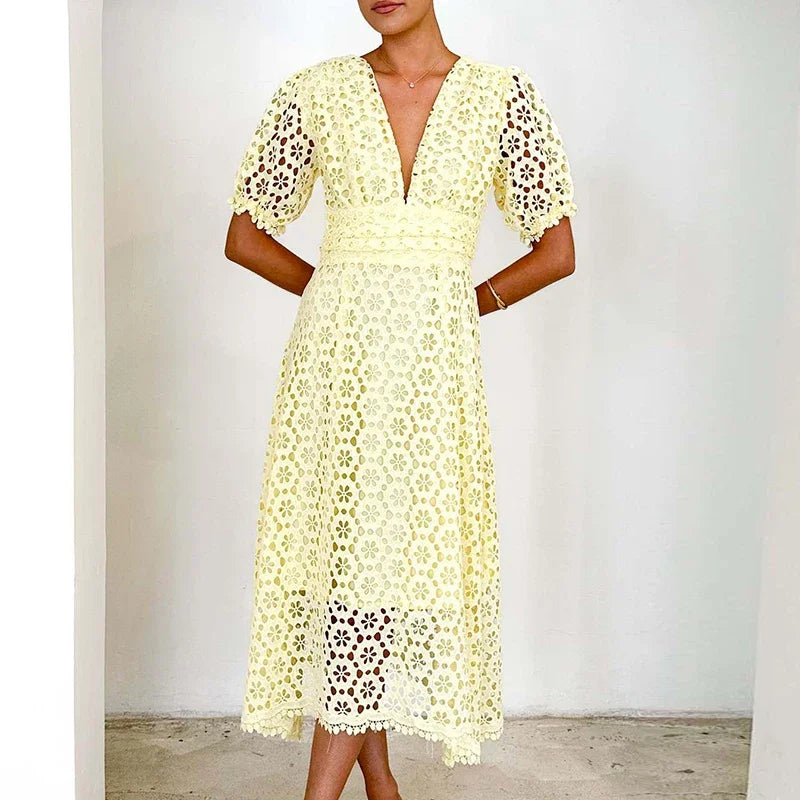 Aurora | V-Neck Maxi Dress with Puff Sleeves