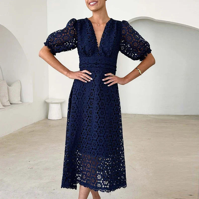 Aurora | V-Neck Maxi Dress with Puff Sleeves