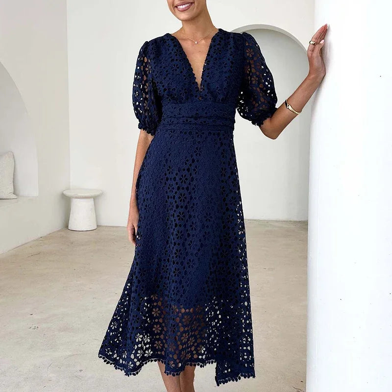 Aurora | V-Neck Maxi Dress with Puff Sleeves