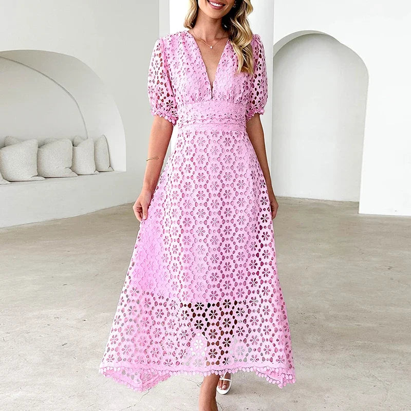 Aurora | V-Neck Maxi Dress with Puff Sleeves