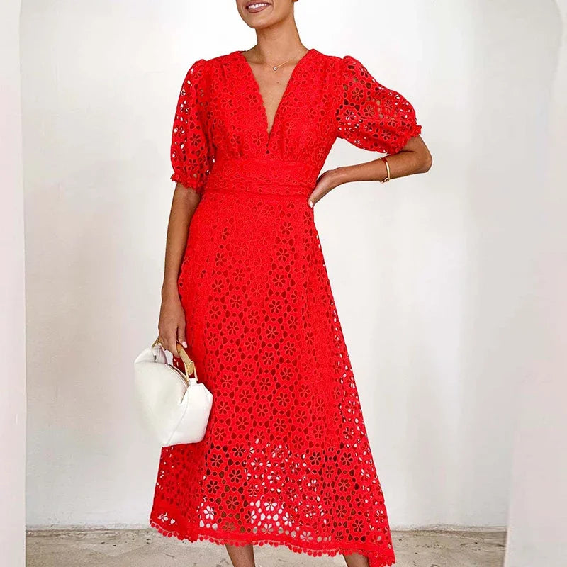 Aurora | V-Neck Maxi Dress with Puff Sleeves