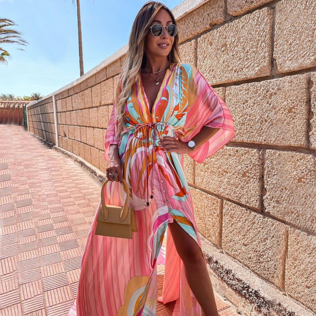 Abstract Print Belted Button Down V Neck Maxi Dress