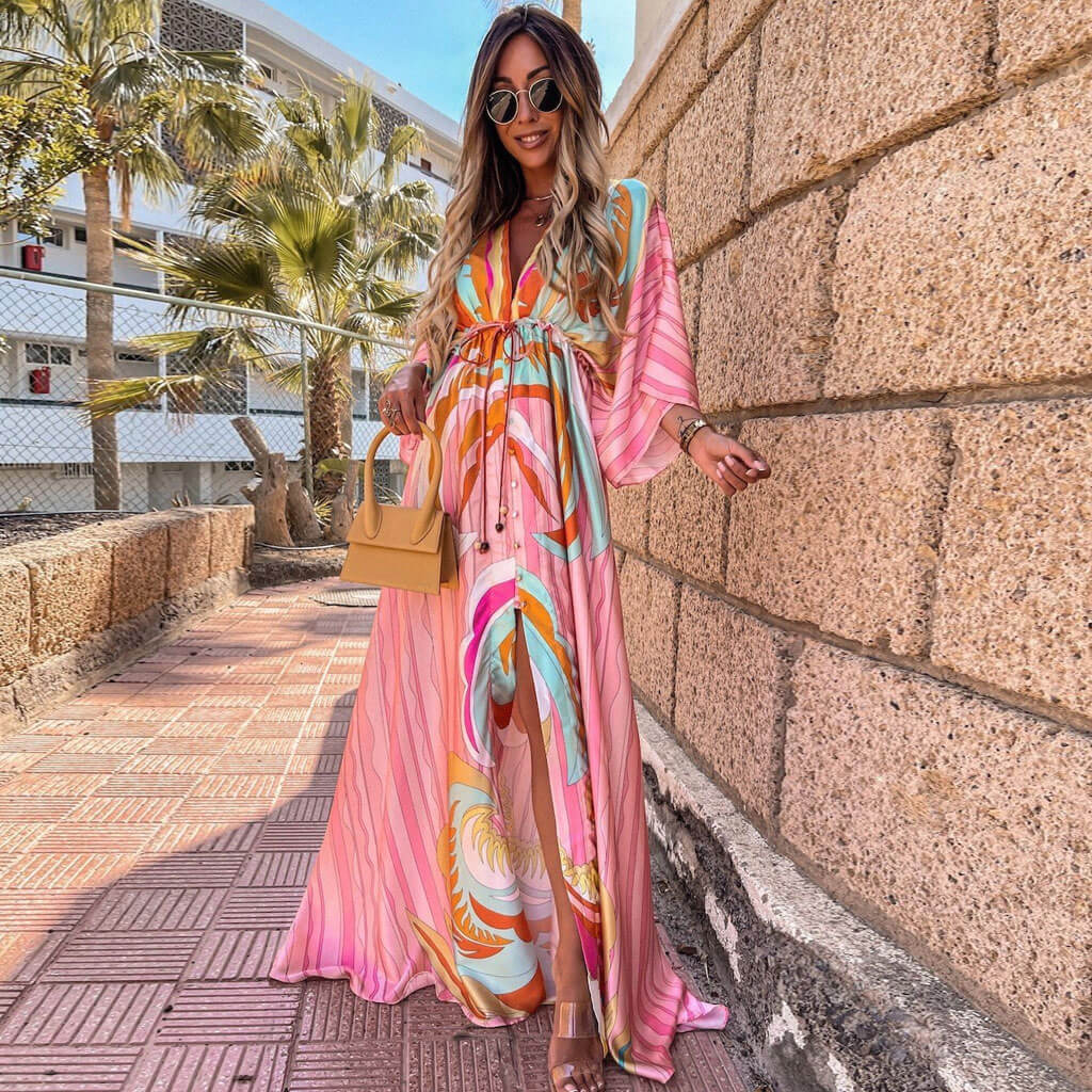 Abstract Print Belted Button Down V Neck Maxi Dress