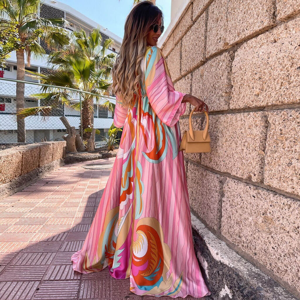 Abstract Print Belted Button Down V Neck Maxi Dress