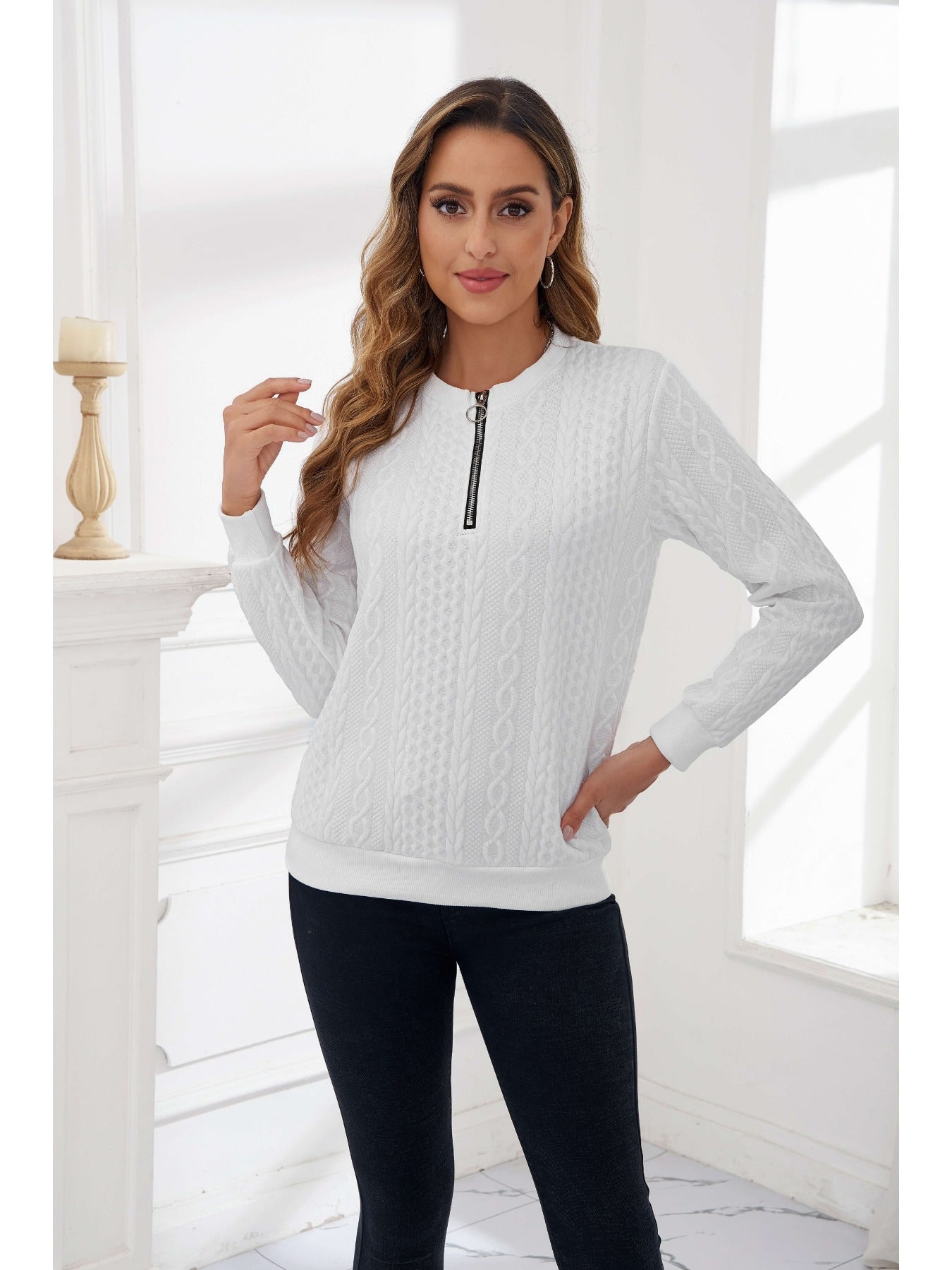 Cable Knit Pullover with Half-Zip Design