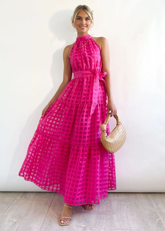 Hot Pink Halter Retro Maxi Summer Dress