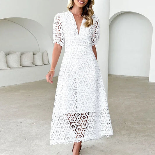 Aurora | V-Neck Maxi Dress with Puff Sleeves
