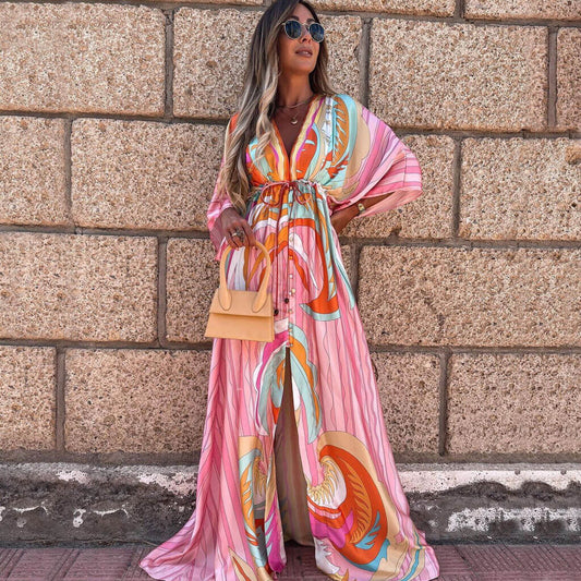Abstract Print Belted Button Down V Neck Maxi Dress